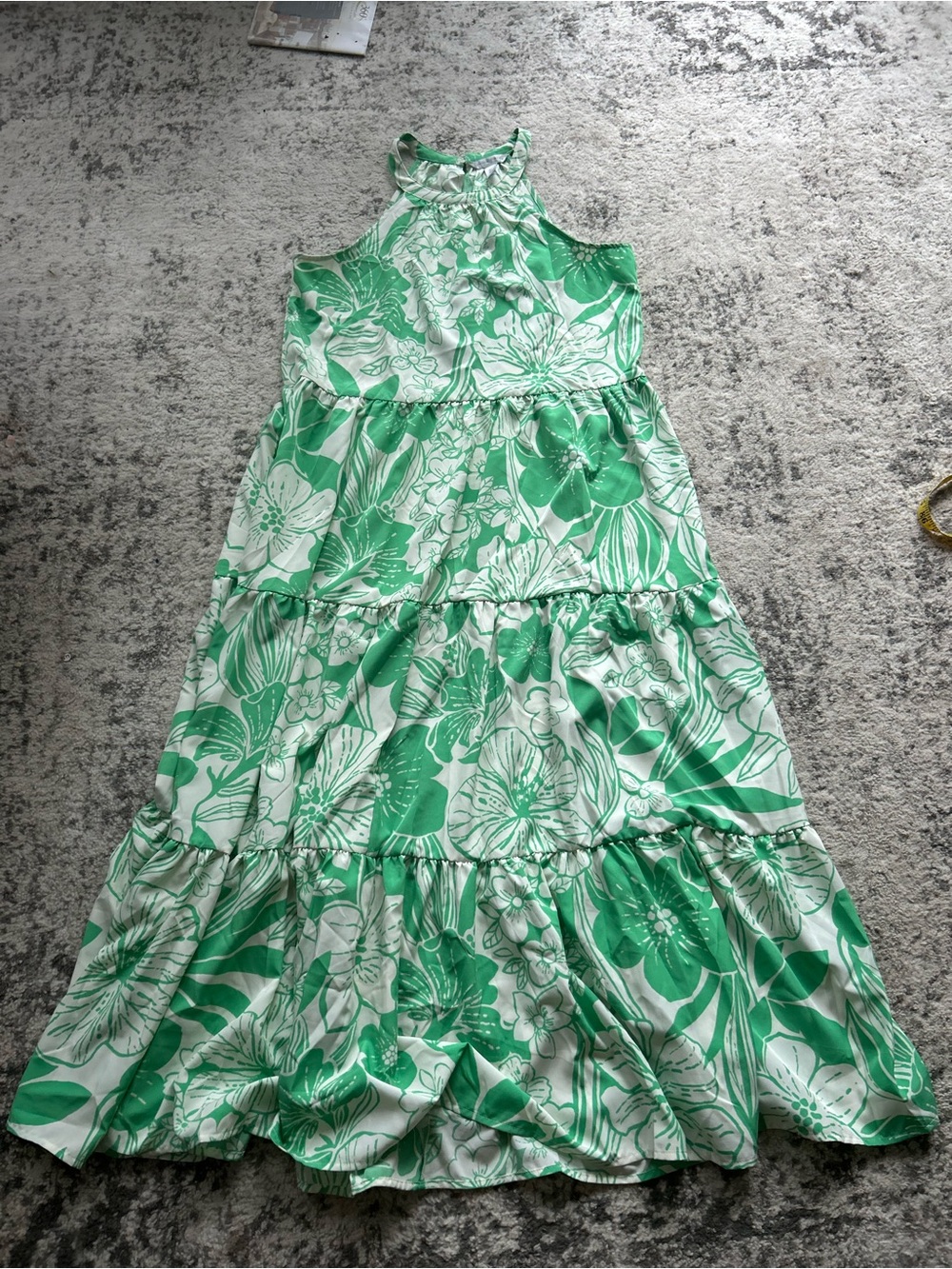 London Times green white floral tiered dress halter neckl empire waistline.